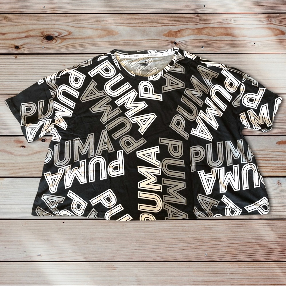 NWT PUMA Cropped Drycell Logo Sport Tee in Black, White, and Gray